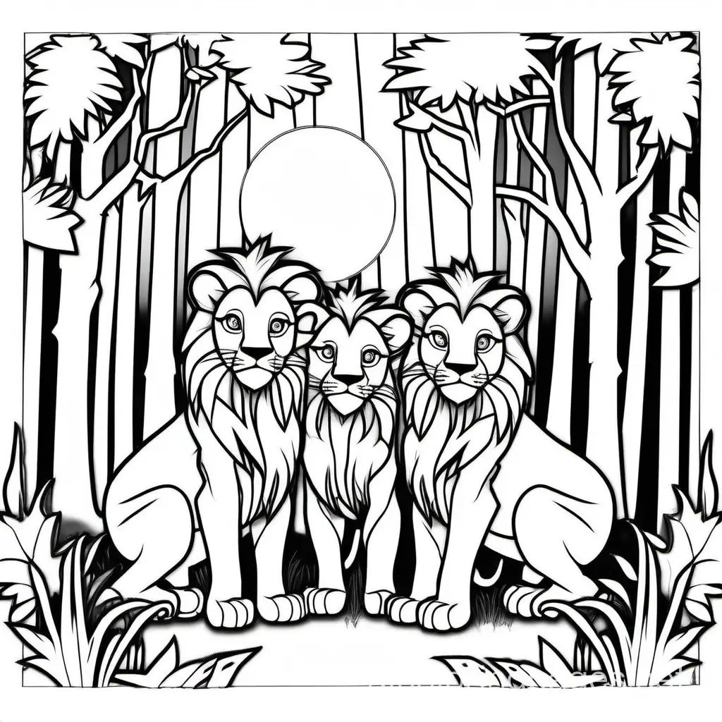 lion moonshine forest with 2 cubs left and right, Coloring Page, black and white, line art, white background, Simplicity, Ample White Space. The background of the coloring page is plain white to make it easy for young children to color within the lines. The outlines of all the subjects are easy to distinguish, making it simple for kids to color without too much difficulty