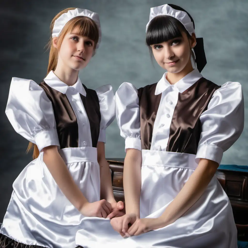 Two Girls Elegant in Satin Maid Uniforms Pose in Enchanting Ambiance