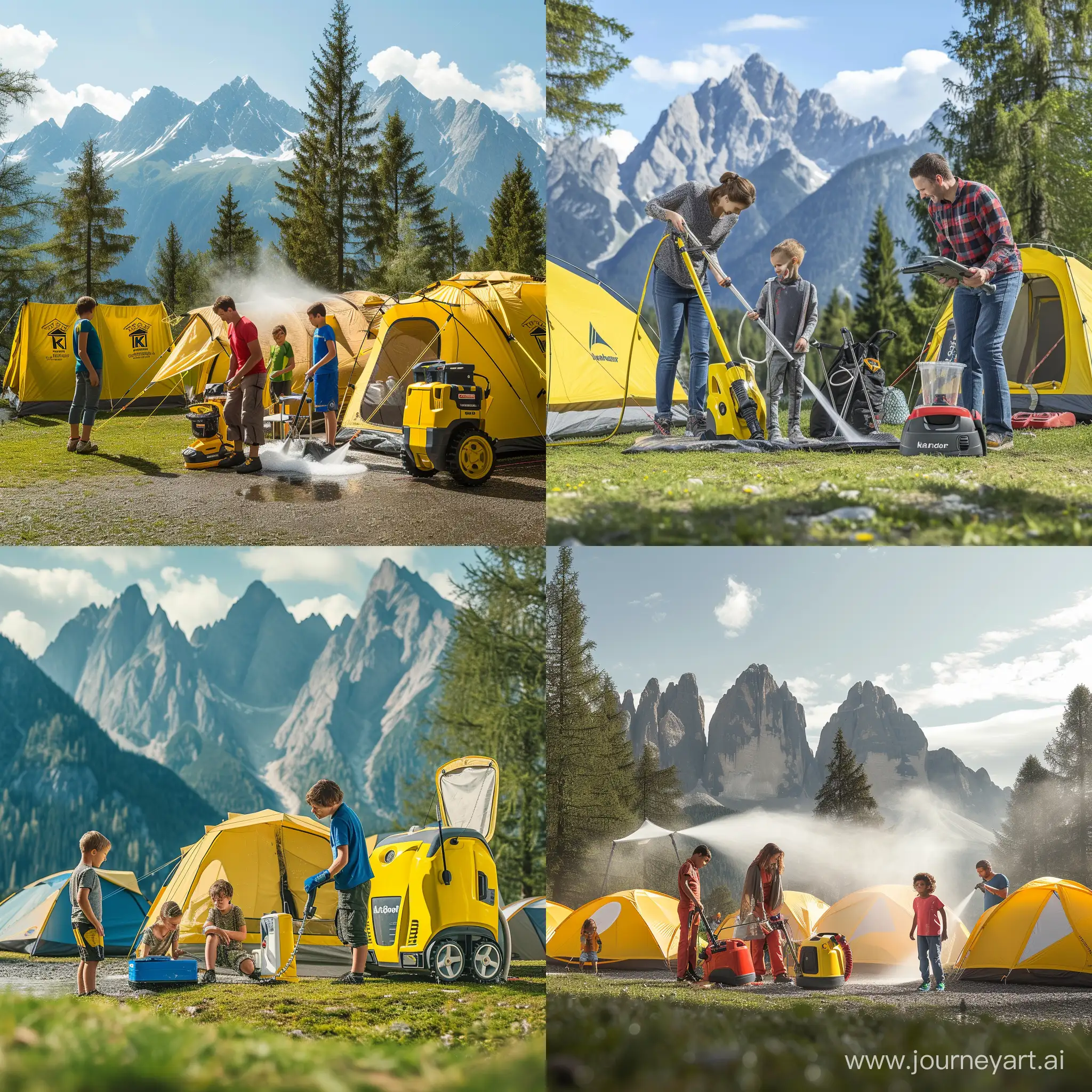 Семья у лагеря в горах чистит палатки и снаряжение с помощью техники Karcher на фоне красивой природы.