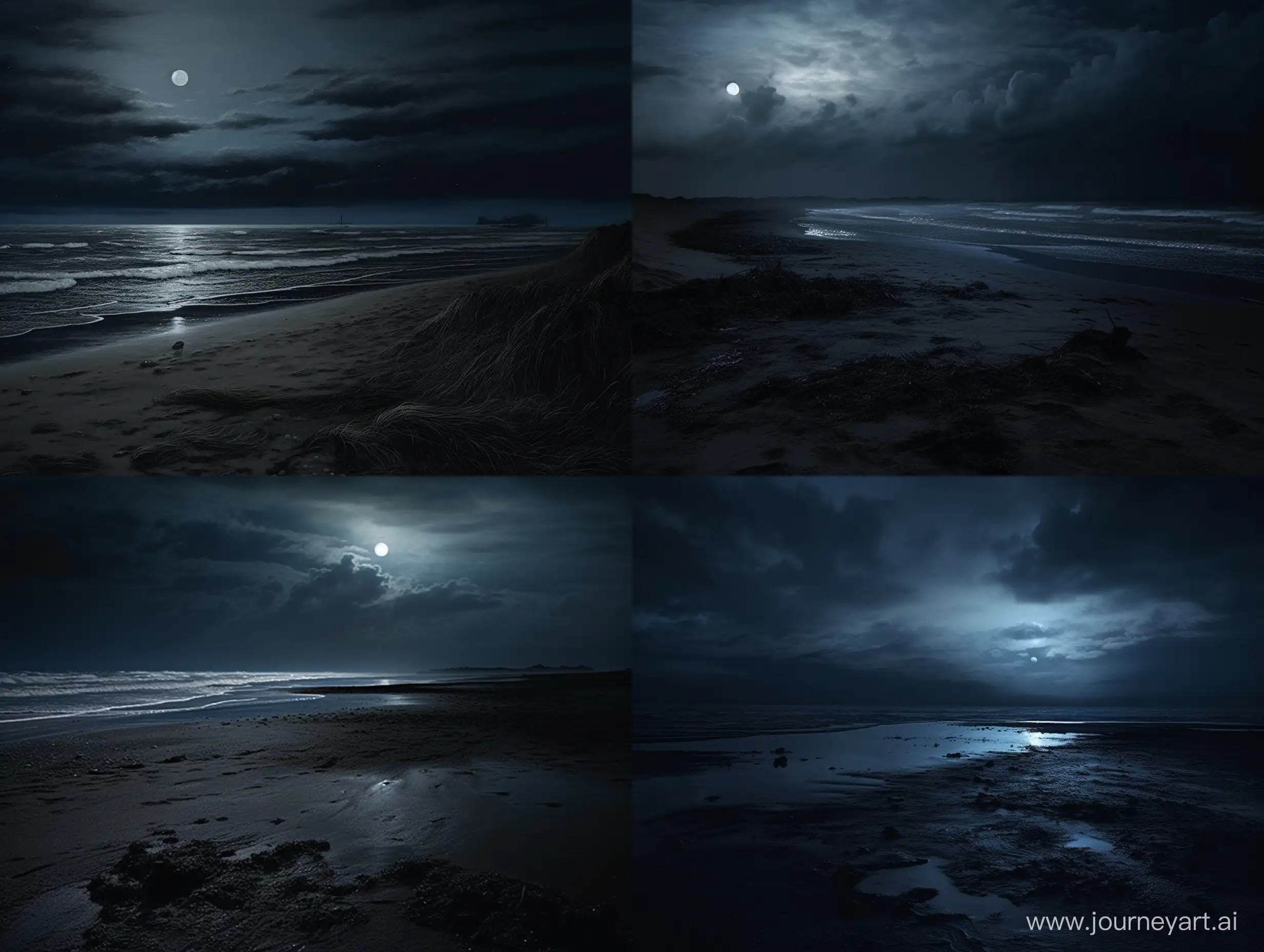 кромешная чёрная ночь, берег северного моря, тёмно синие тона, тёмный песок