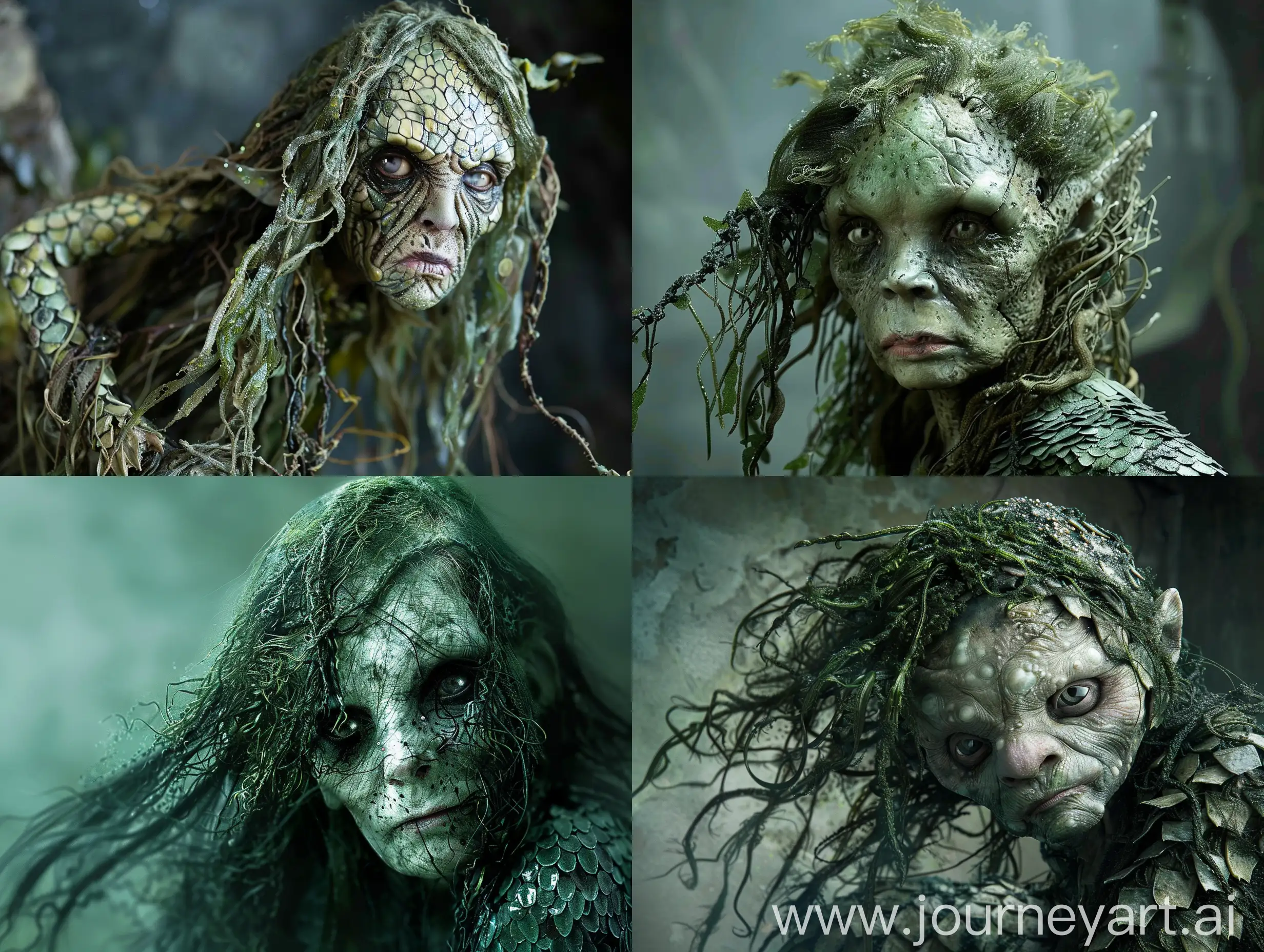 The ugliest of all hags, with slimy scales covering their pallid skin, hair resembling seaweed that covers her emaciated body, and her glassy eyes seem as lifeless as a doll's.