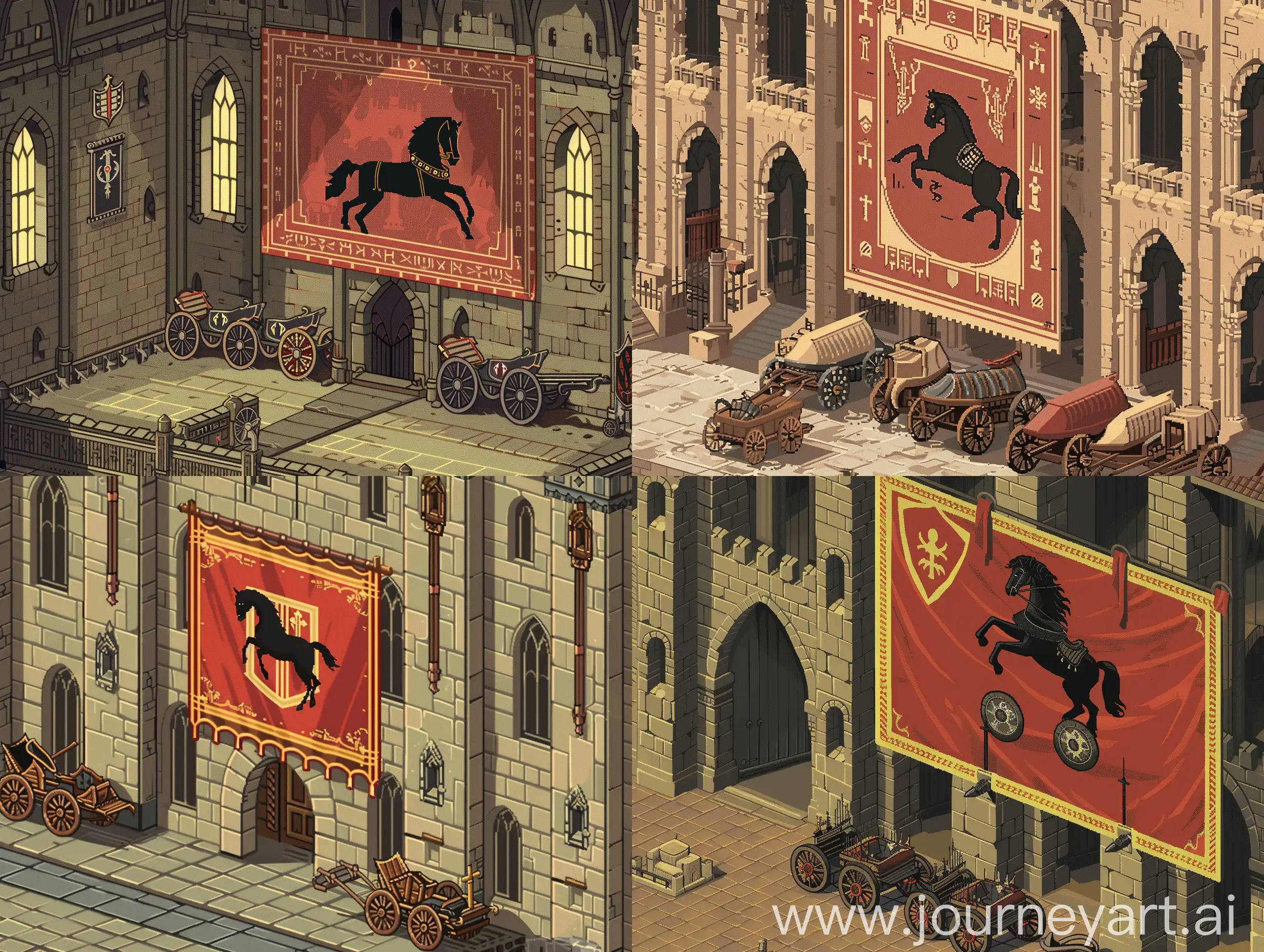 Isometric perspective of a medieval gothic abbey, in 8-bit style, with ancient chariots on display. A big heraldry banner on the biggest wall has a black prancing horse on a red background.