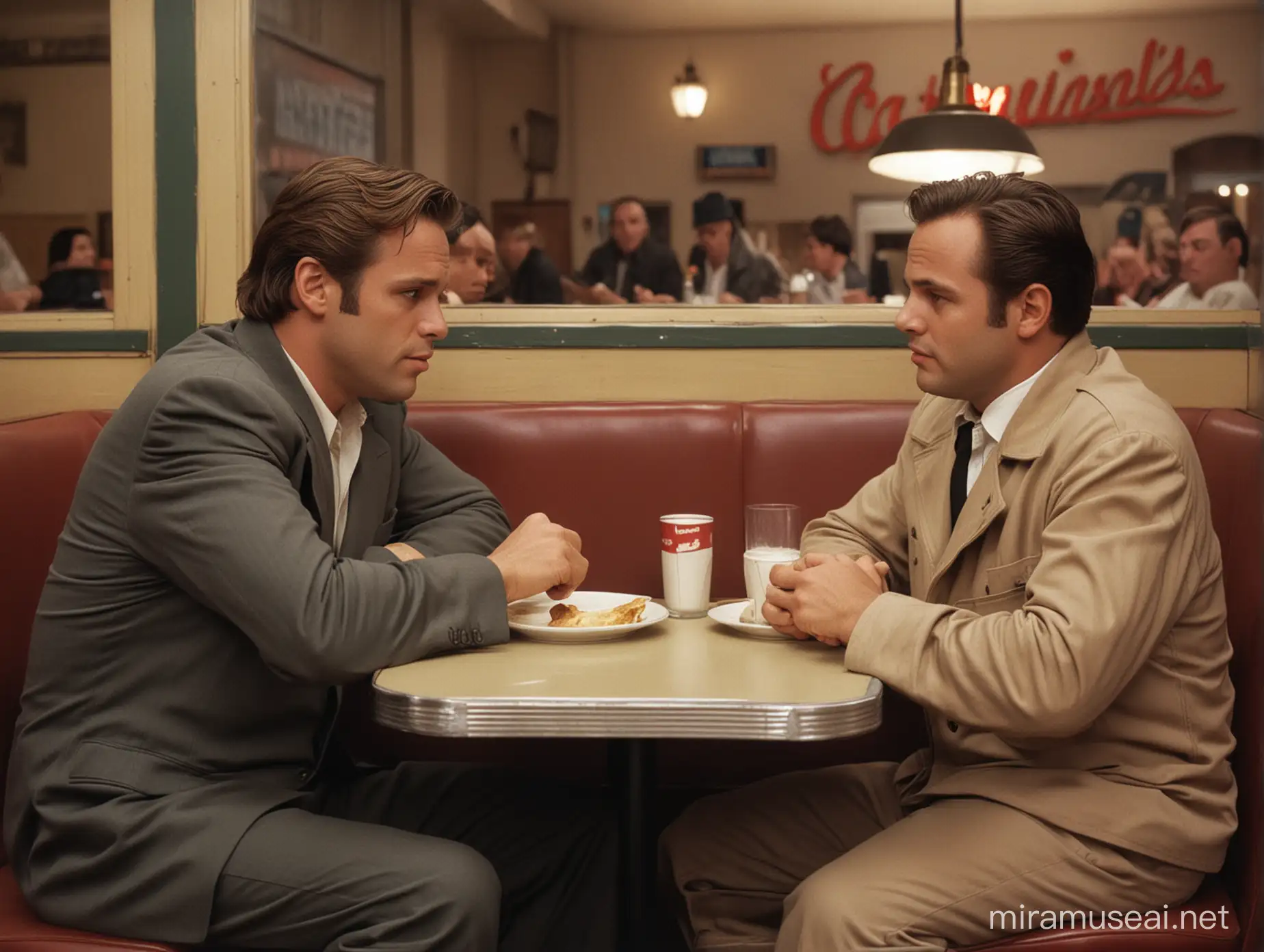A scene from a movie. We see Jason Sudeikus. He is seated directly across from actor Marlon Brando. They are seated across from one another at a diner booth. It is a color photograph 