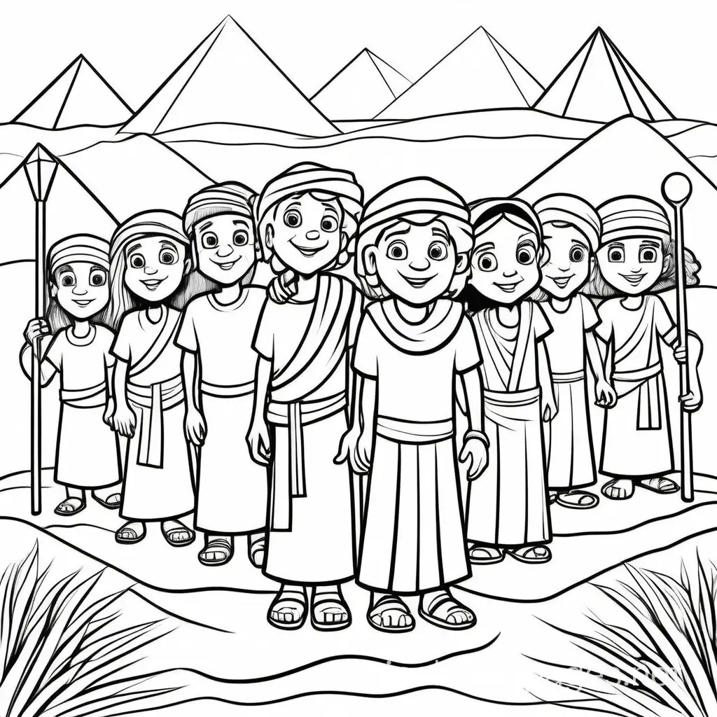 Create a coloring page for a coloring book for toddlers of The Exodus: A kid-friendly coloring page showing Moses leading a group of stick-figure people out of Egypt, with exaggerated expressions of determination and freedom. The characters are drawn in a cute and playful cartoon style, making the story engaging and enjoyable for children to 

The drawing should be a thick black solid line with a white background, Pixar style, Coloring Page, black and white, line art, white background, Simplicity, and Ample White Space. The background of the coloring page is plain white to make it easy for young children to color within the lines. The outlines of all the subjects are easy to distinguish, making it simple for kids to color without too much difficulty, The Coloring Page, black and white, line art, white background, Simplicity, and Ample White Space. The background of the coloring page is plain white to make it easy for young children to color within the lines. The outlines of all the subjects are easy to distinguish, making it simple for kids to color without too much difficulty.

All the drawings should be in black and white, without small details, so toddlers can easily color.

The faces of the people should be cute and gentle.

, Coloring Page, black and white, line art, white background, Simplicity, Ample White Space. The background of the coloring page is plain white to make it easy for young children to color within the lines. The outlines of all the subjects are easy to distinguish, making it simple for kids to color without too much difficulty