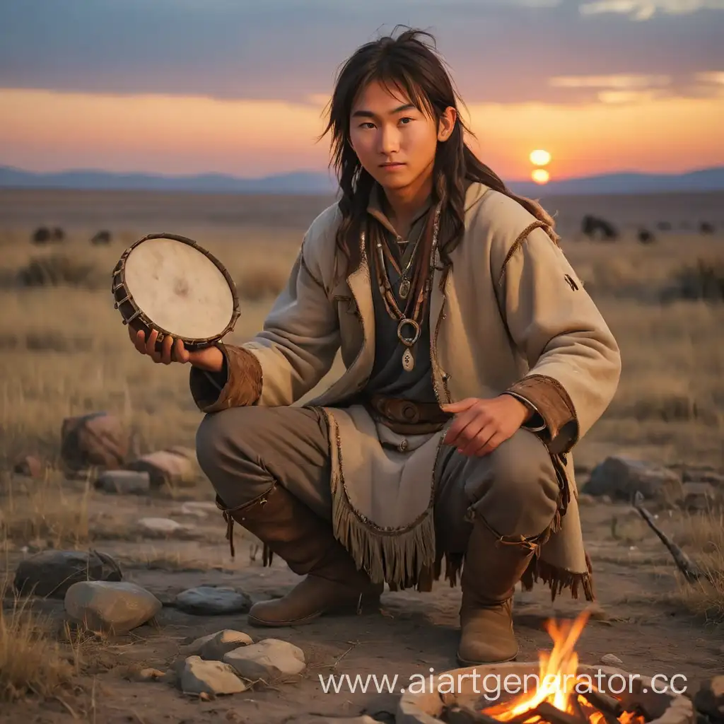 Kazakh-Shaman-Performing-Traditional-Ritual-by-Campfire-at-Sunset