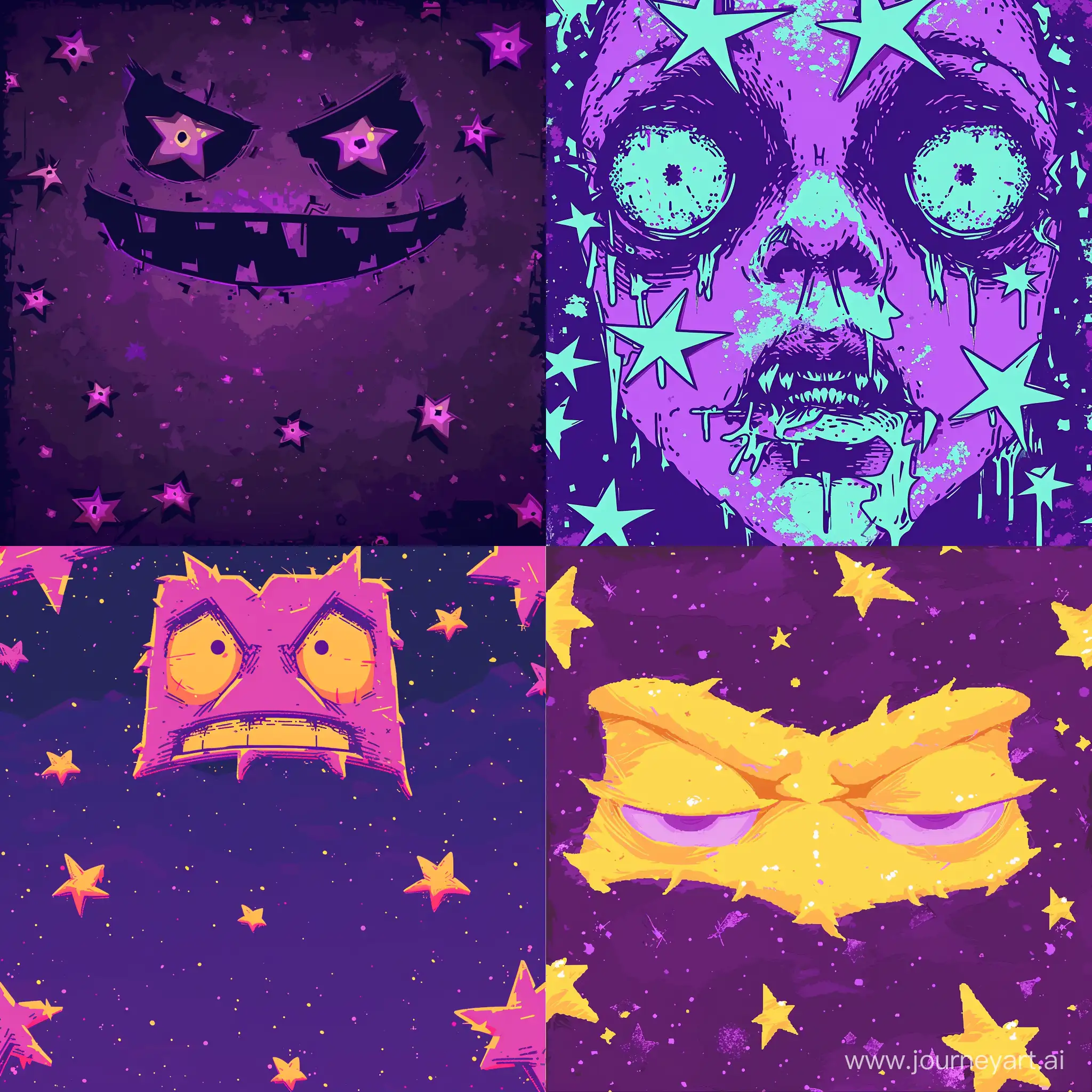 2D, purple background with repeating patterns of pixelated sloppy stars, drawn creepy but at the same time attractive face in the style of old games, bloom, Y2K era, pixelated image