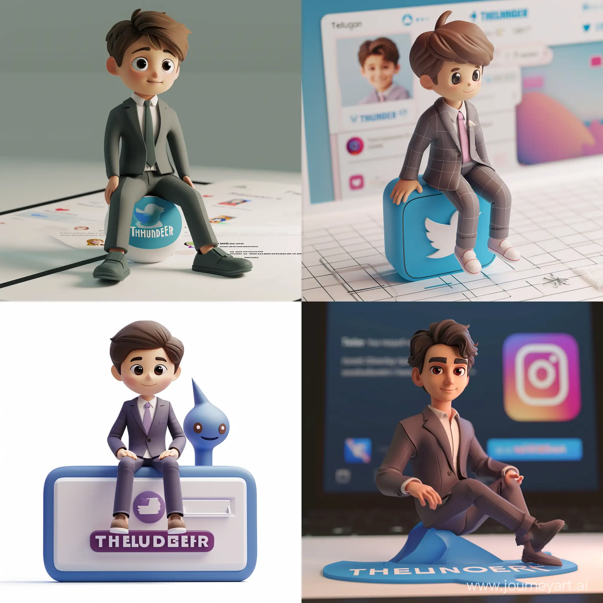 Create a 3D illustration of a Boy  animated character sitting casually on top of a social media logo "Telegram". The character must wear casual modern clothing such as"suit". The background of the image is a social media profile page with a user name "THUNDER" and a profile picture that match.