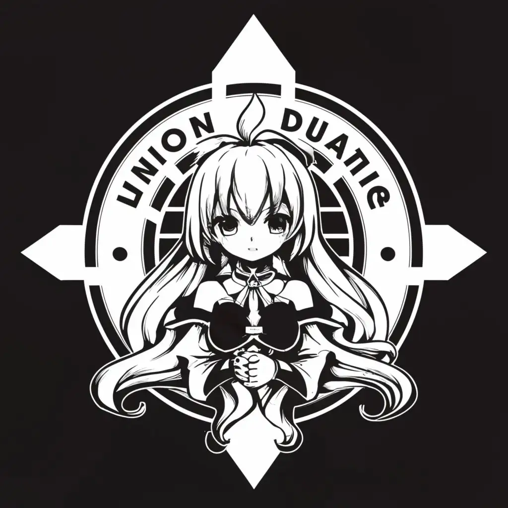 logo, Anime girl in black and white logo, with the text "Union Dequator", typography