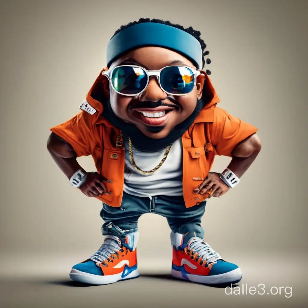 Black rapper dwarf, wearing large Nike sneakers, realistic photo style