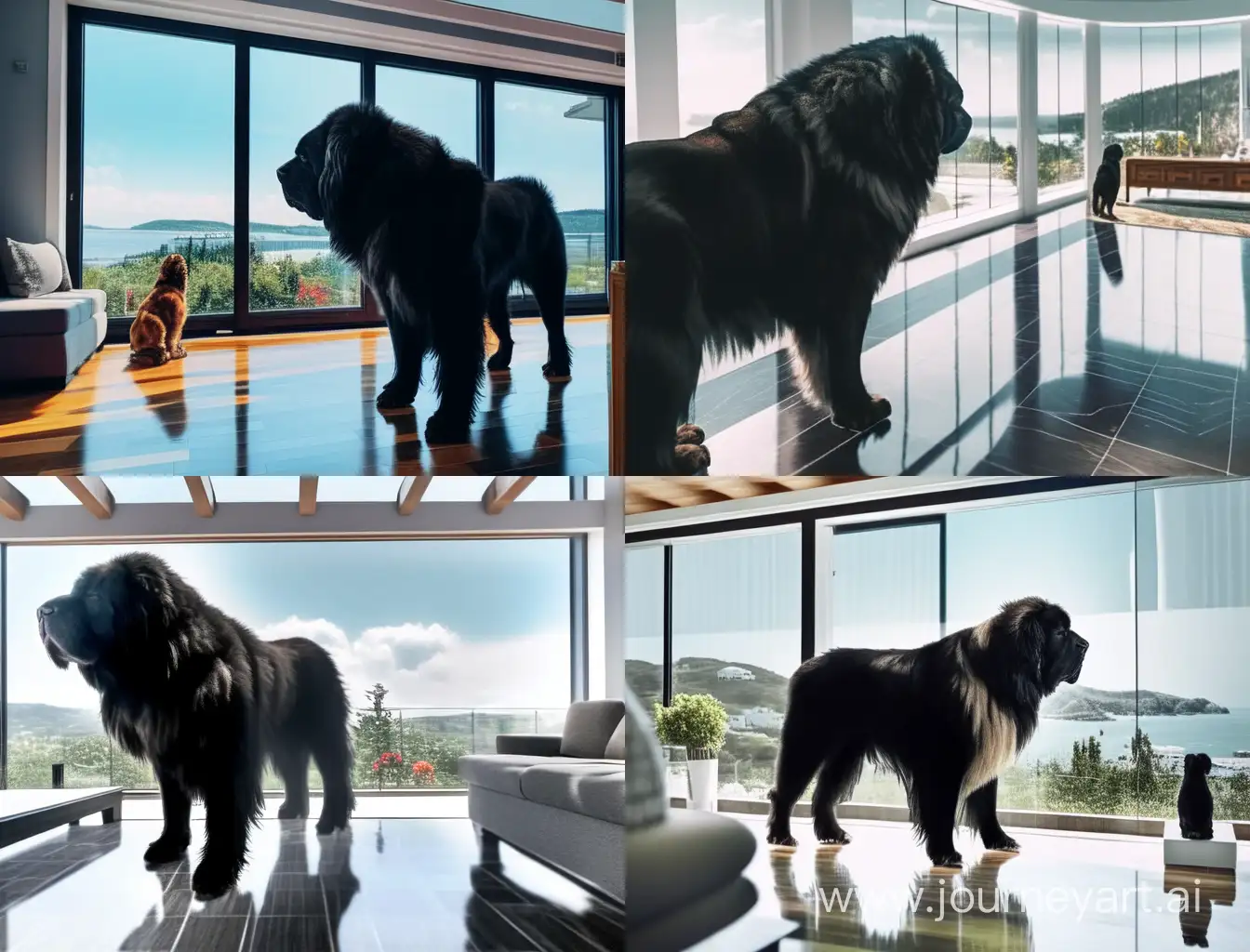 Modern-HighTech-House-Newfoundland-Dog-Gazing-at-Reflection-of-Black-Lion