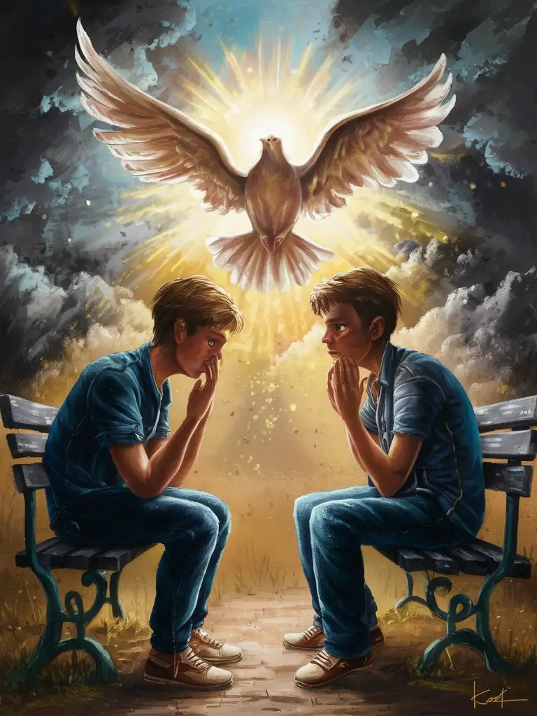 Digital painting of a young couple on the brink of divorce, with the Holy Spirit appearing as a beacon of hope and reconciliation between them. They are portrayed as sinners who have let pride and misunderstandings drive them apart, but are being shown the path towards forgiveness, understanding, and renewed love.