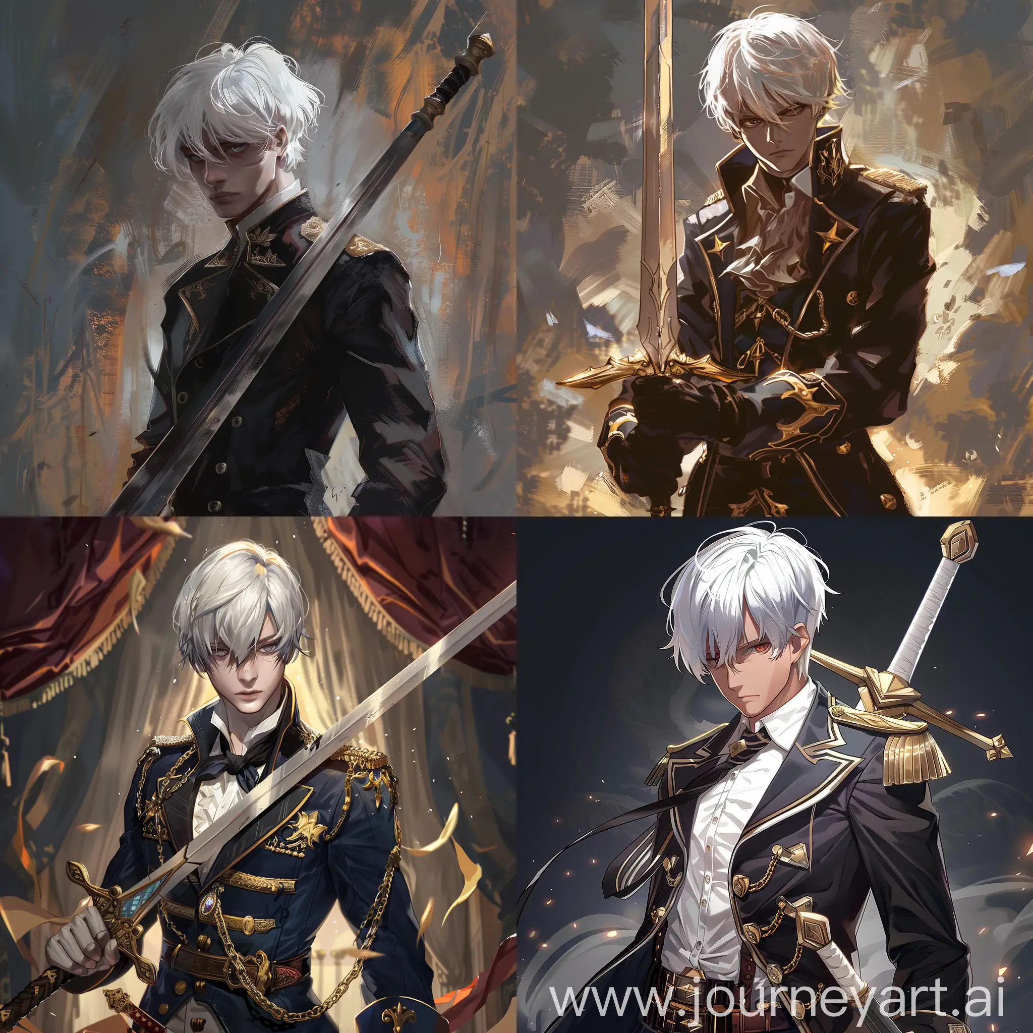 young man with sword, swear suit, white short hair, quality