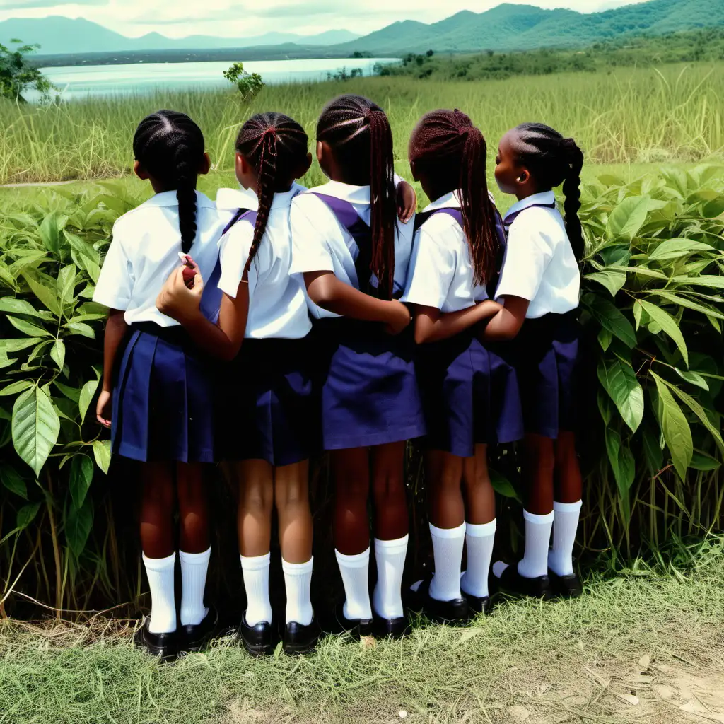 A group of seven very light skinned young girls in Jamaica all in school uniform peeping from behind shrubs at a lake in the distance which is in an opened field from afar. 