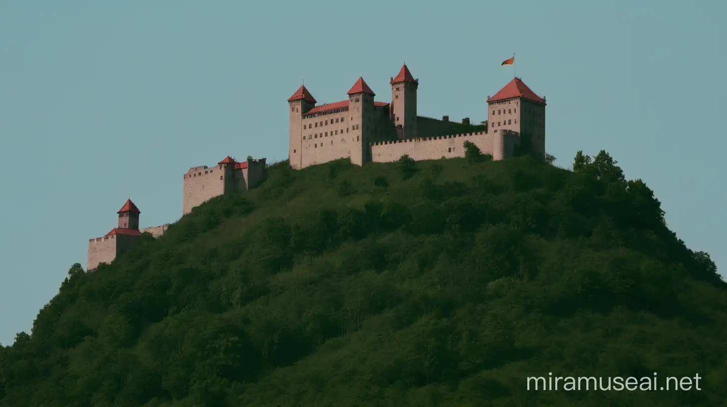 Şehir dışında tarihi bir kale, bir tepe üzerinde. 