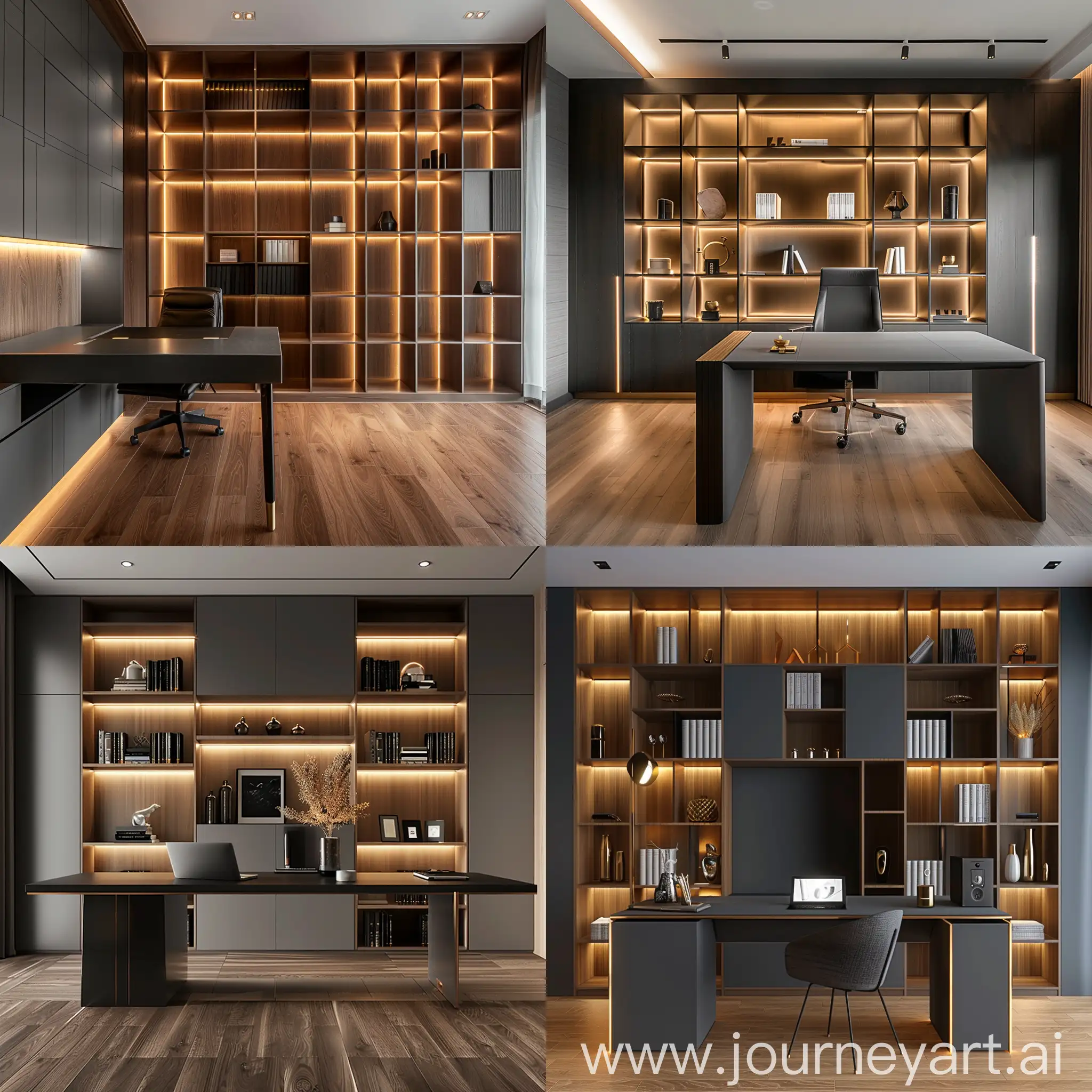 一个现代风格的书房，书桌是深灰色，地板是原木色。书柜是开放式的，带灯光