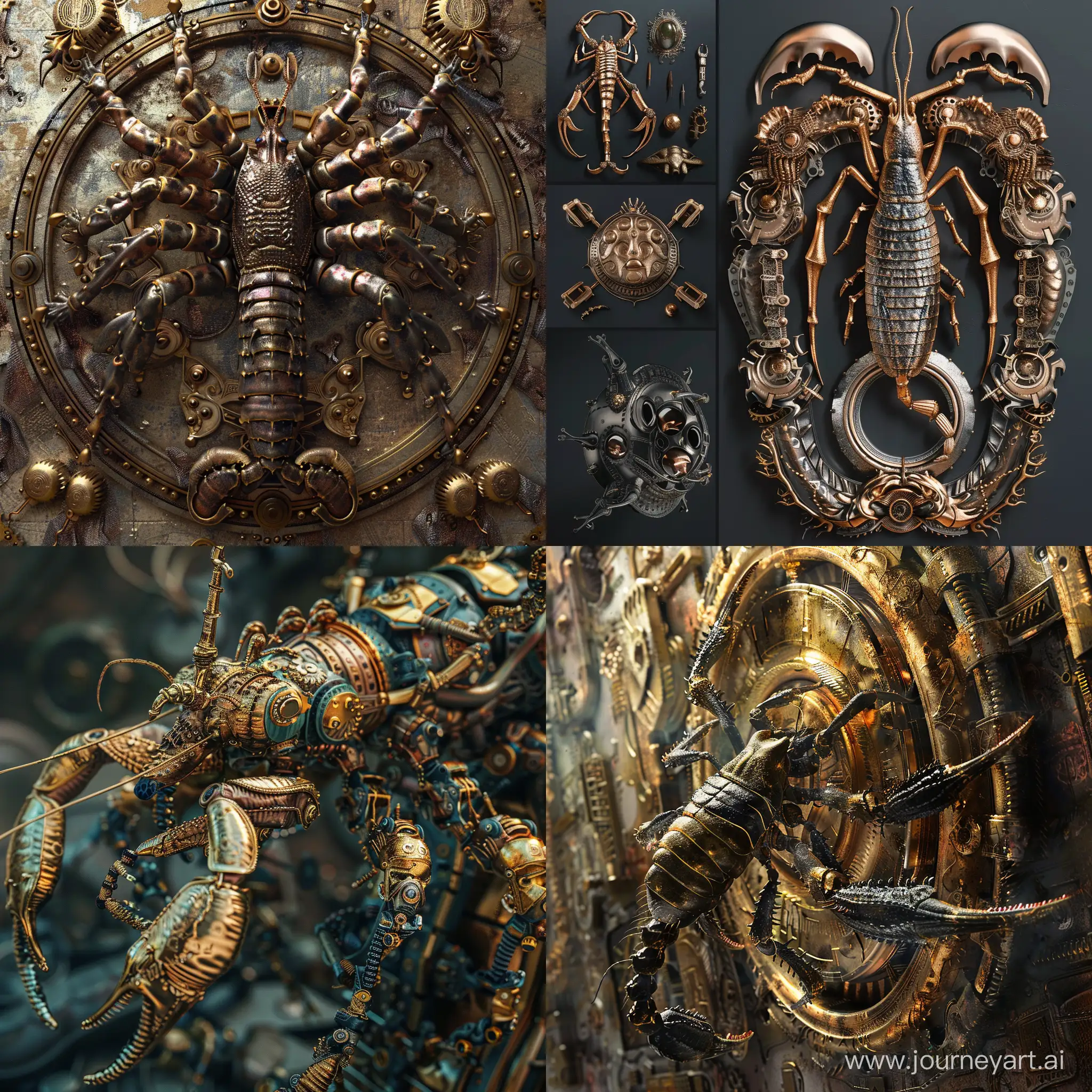 insane detail, deep sea creatures, scropion, myth creatures, steampunk, perfect exact rendering, gold artifact