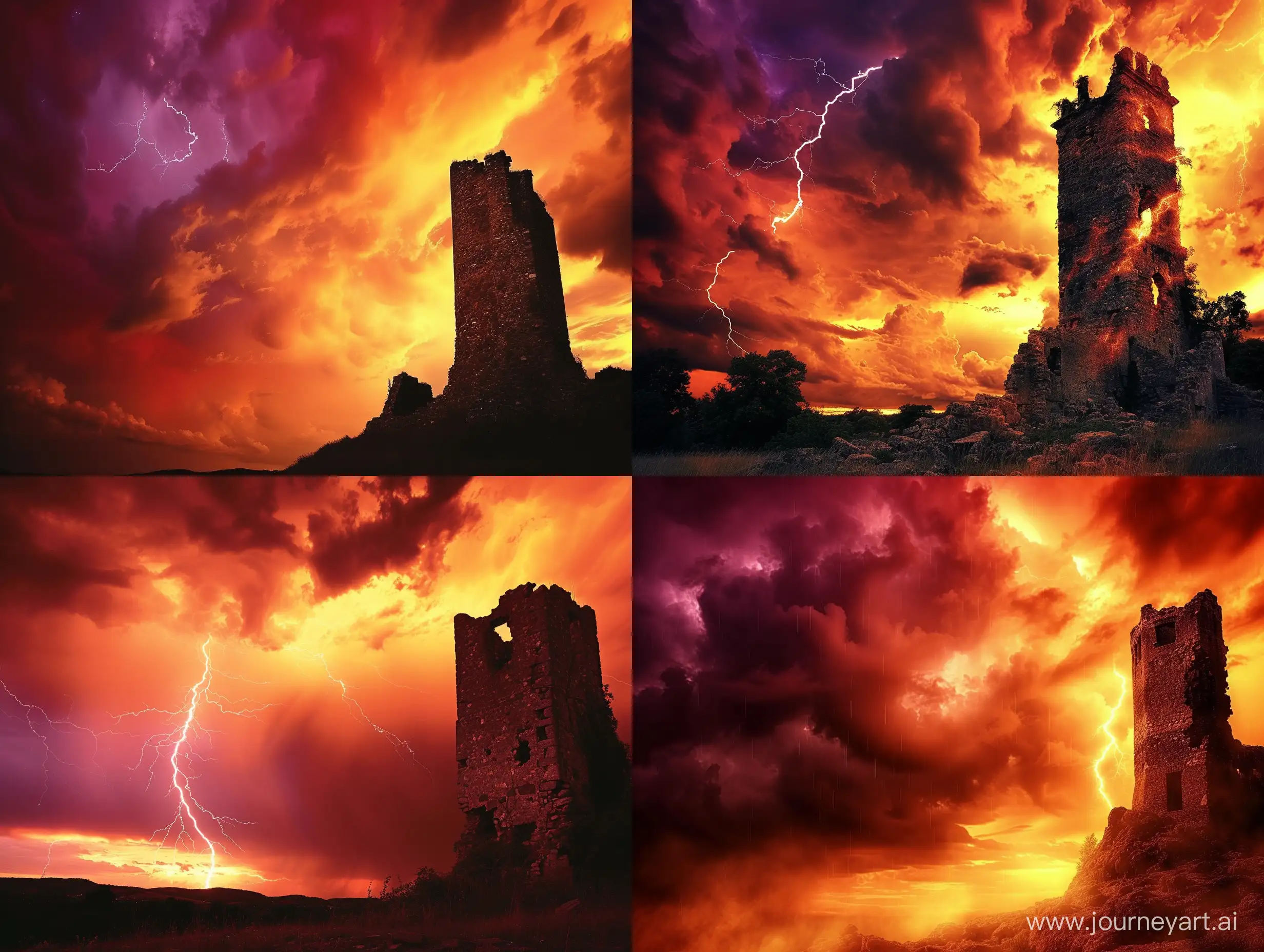 Storm with a lightning at seA. Sky is orange, red and deep purple colors. The ruin of old tower on the right side of picture. 