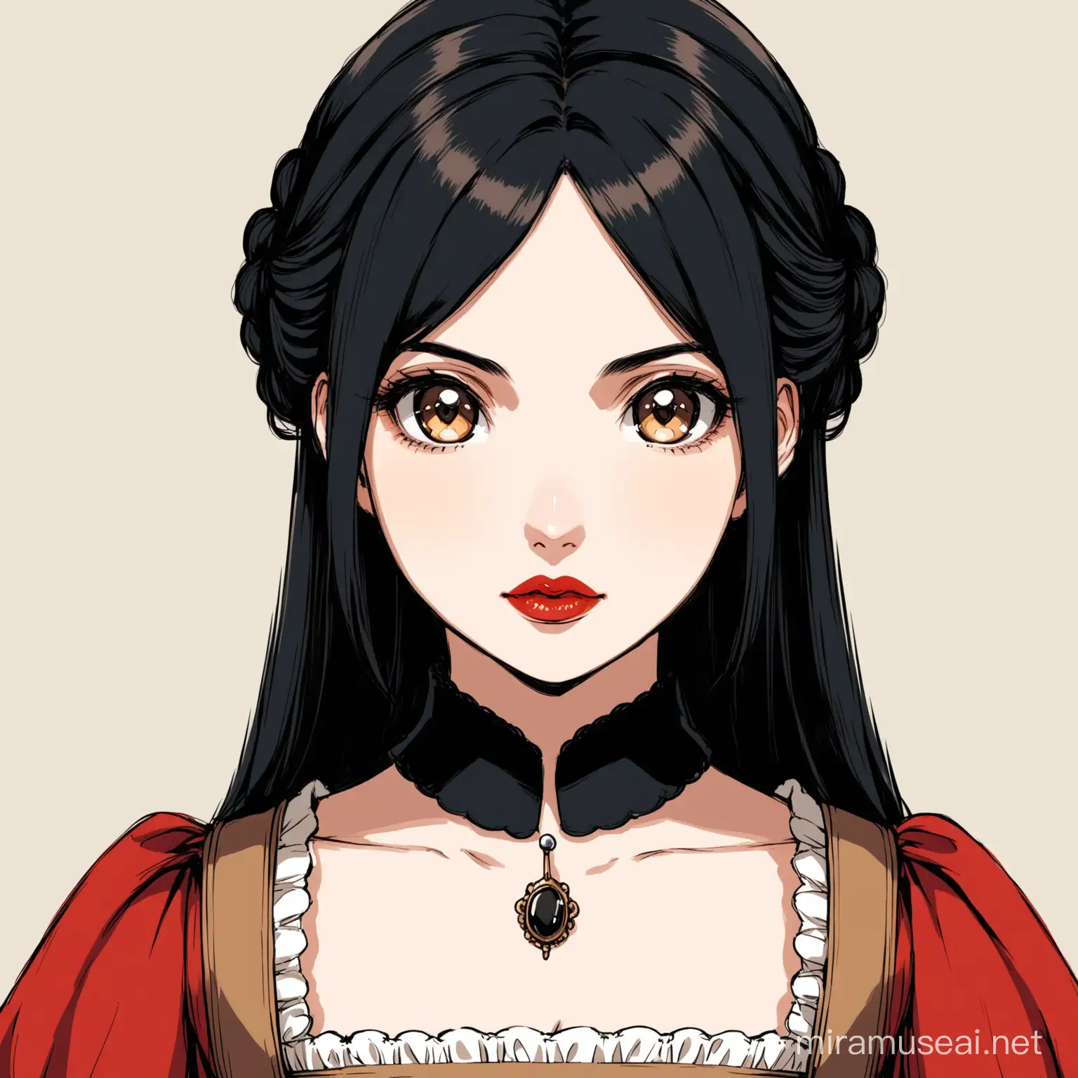 A girl with black hair, red lips, brown eyes, innocent looking, 16th century German dress, front facing, looking into the camera, anime style