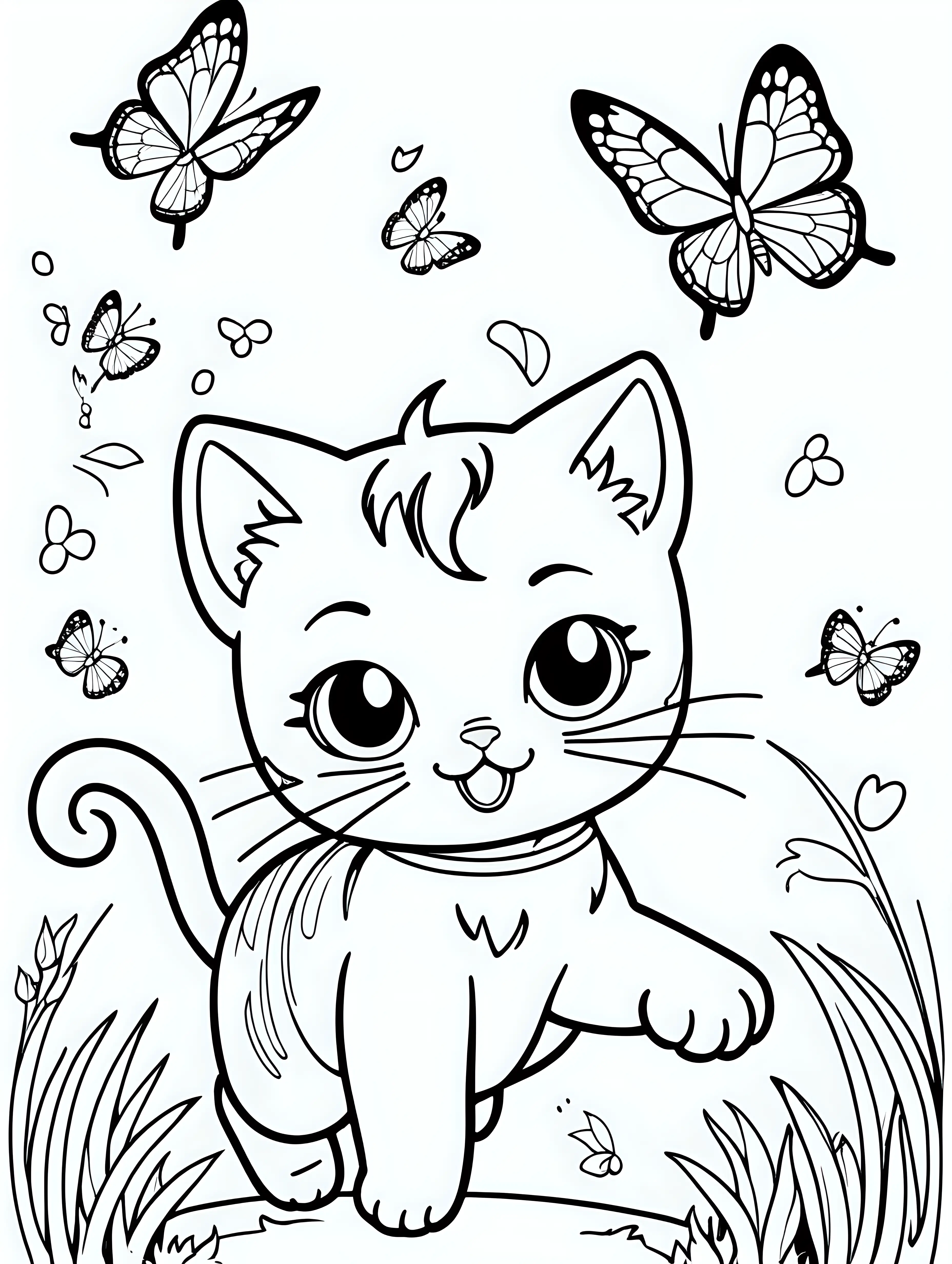 black and white coloring page for children with a kawaii happy cat with four legs chasing a butterfly flying over its head, black lines white background