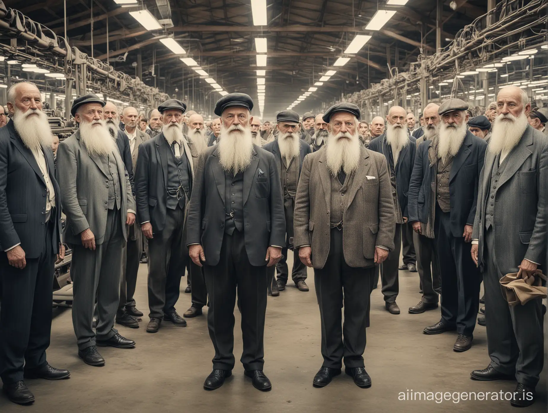 Memorial photo of old beard men in mega fabric and textile factory in Germany; vintage style; 8K