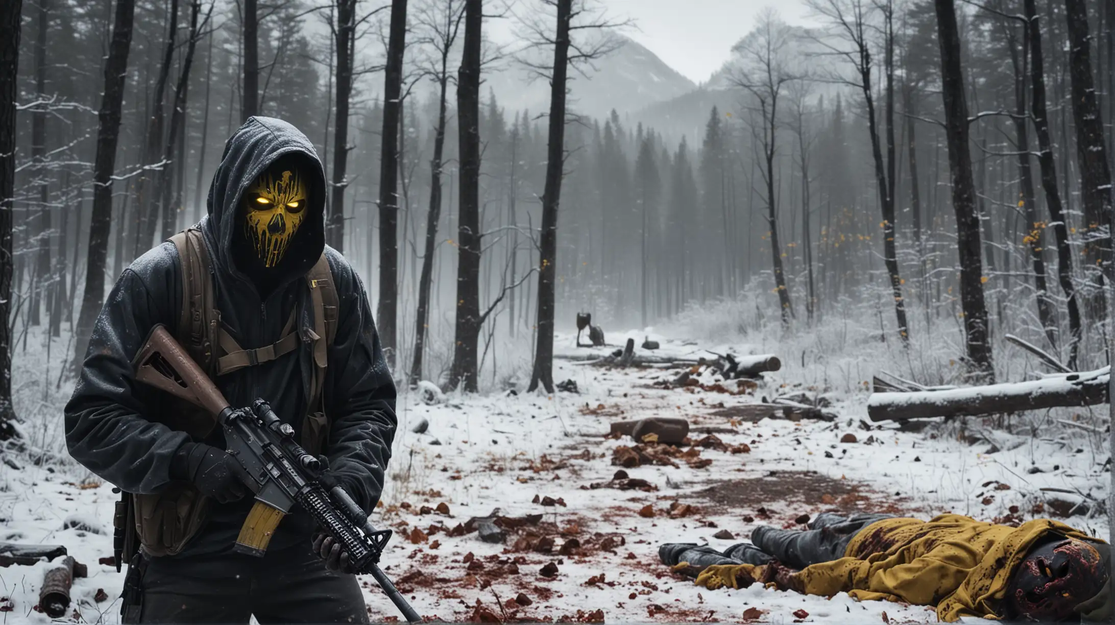A guy with a hoody and mask on and a rifle staring into the dark woods and mountains , there is snow and blood everywhere. On the background there here is a scary creature looking with bright shiny yellow eyes Erie atmosphere with dead body on the ground and blood