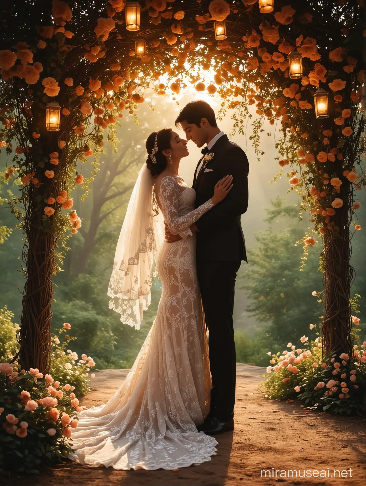 As the sun begins its descent behind the distant hills, casting hues of amber and gold across the sky, the mid-journey of their union unfolds. In the heart of a tranquil garden, adorned with fragrant blossoms and draped in the soft glow of lanterns, stands the bride and groom, silhouetted against the fading light.  The groom, resplendent in his tailored suit, stands tall and proud, his silhouette etched with anticipation and love. His eyes, though obscured, reflect the radiant joy that fills his soul as he awaits his beloved.  Beside him stands the bride, ethereal in her gown of ivory lace, her silhouette a graceful dance of delicate curves and flowing fabric. In her hands, she clutches a bouquet of roses, their vibrant hues a testament to the passion that beats within her heart.  As they stand beneath the canopy of intertwining branches, bathed in the warm embrace of cinematic lighting, time seems to stand still. In this moment, amidst the whispers of nature and the soft rustle of leaves, they are the sole inhabitants of a world painted with love.  Their silhouettes merge, two halves of a whole, as they prepare to embark on the next chapter of their journey together. And as the first stars begin to twinkle overhead, a promise is whispered on the breeze—a promise of forever, sealed with a kiss beneath the veil of twilight.