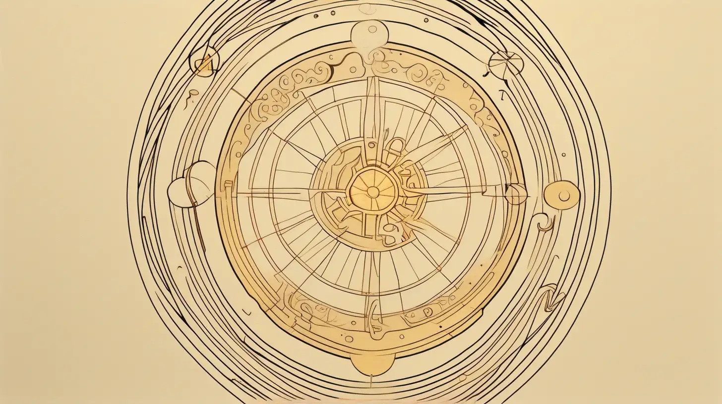 astrological wheel,  horseshoe  flying around the wheel, loose lines, muted color palette, light gold