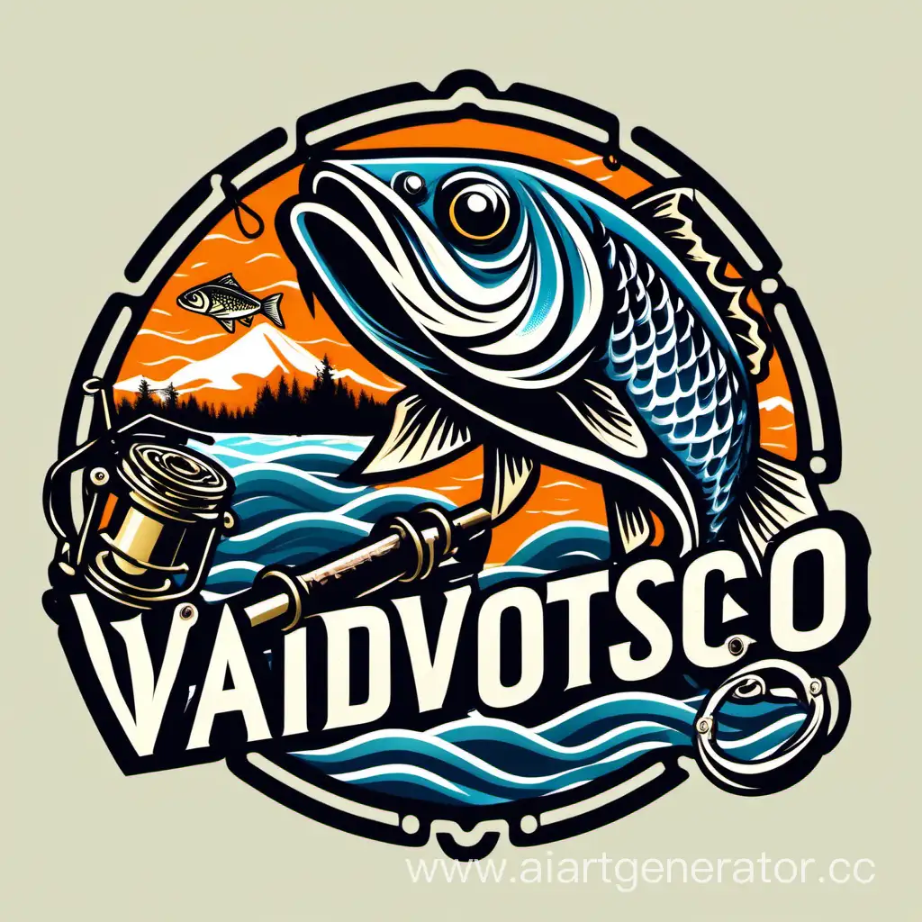 design a logo for a fishing tour to Vladivostok. The colors are bright, clear contours, and the use of fishing paraphernalia.