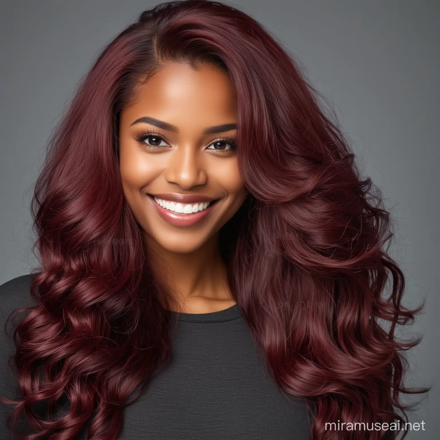 Luxurious Black Girl Smiling with Elegant Burgundy Hair Stock Image
