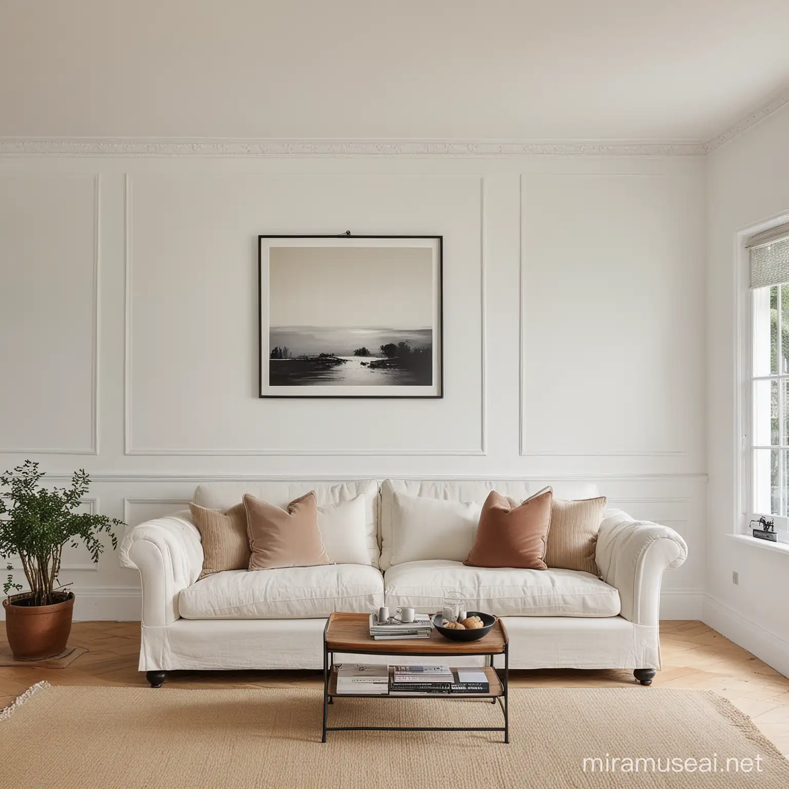 living room with sofa, plain white panelled walls