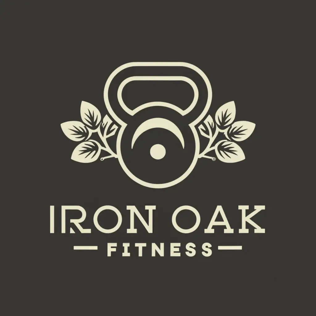 a logo design,with the text "Iron Oak Fitness", main symbol:stylized logo design for a sweatshirt featuring a kettlebell and two oak leaves,Minimalistic,be used in Sports Fitness industry,clear background