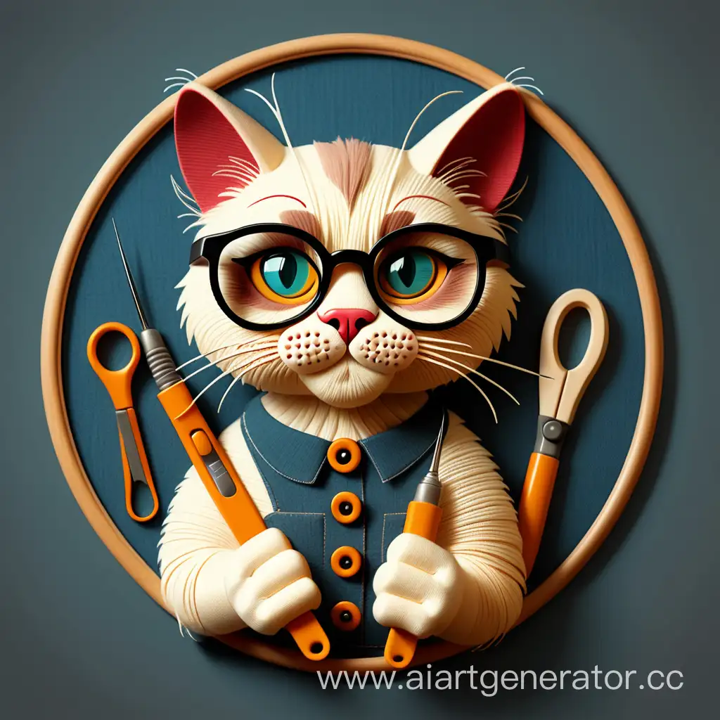 the logo of the workshop with a needleworker in the form of a bespectacled cat