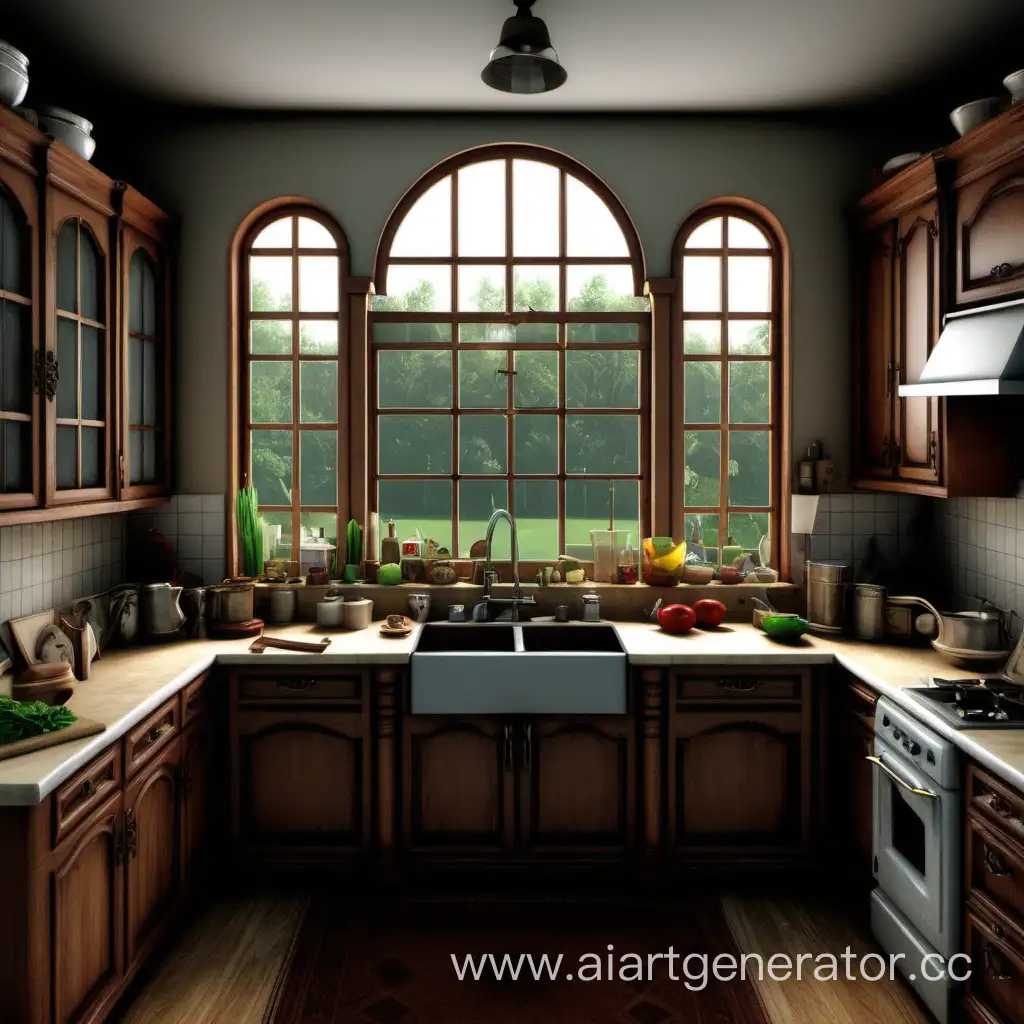 Busy-Kitchen-Scene-with-Abundant-Utensils-and-Sunlit-Windows