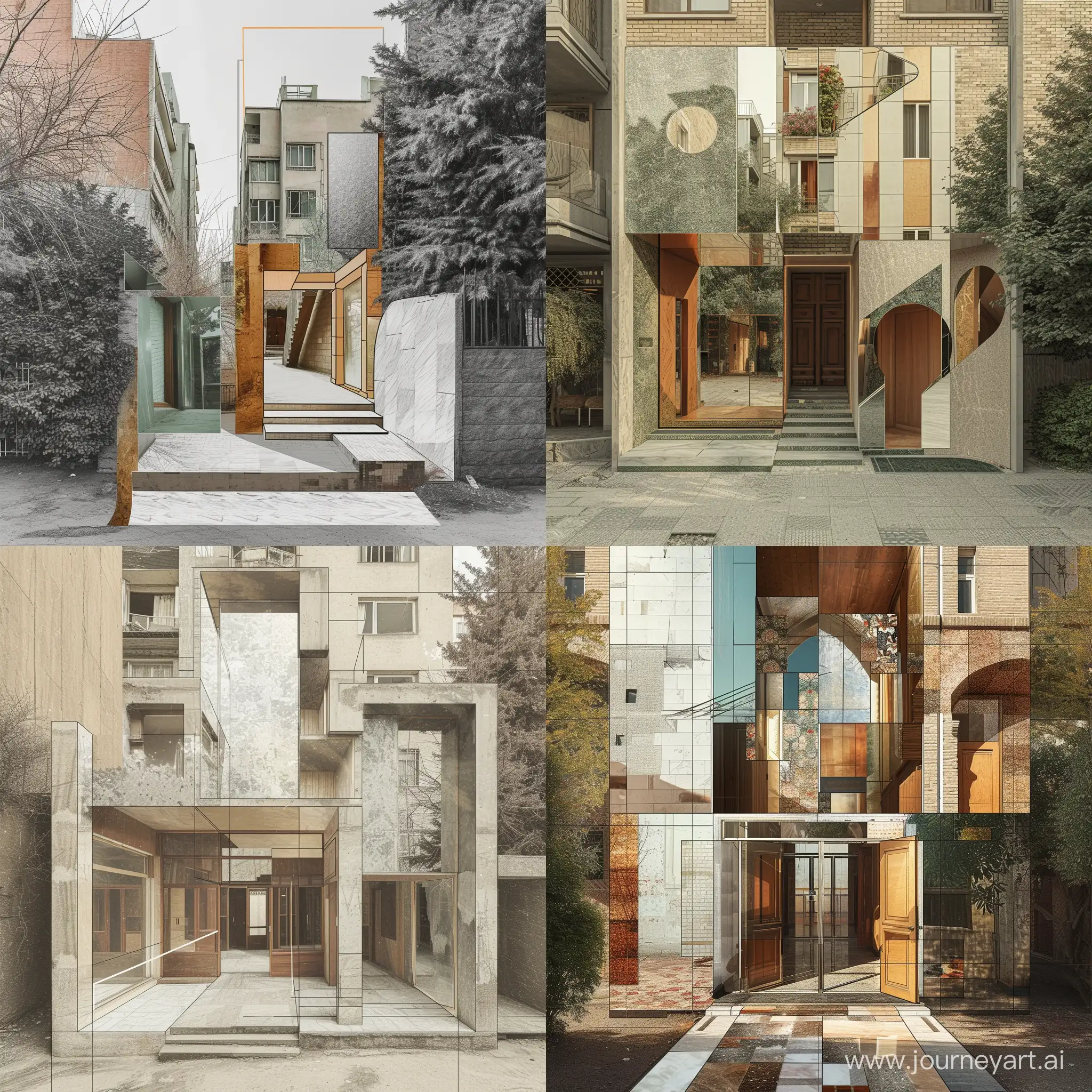 A collage architecture in the urban space of Tehran. The changes should not be exaggerated. This collage-like architecture can be seen in buildings. Focus on the entrance of houses. Collage can be an inoculation of Futurist architecture and Adolf Loos architectural style. Mirrors and partial illustrations should be used in the walls of the work. The output should be displayed like a realistic photo.