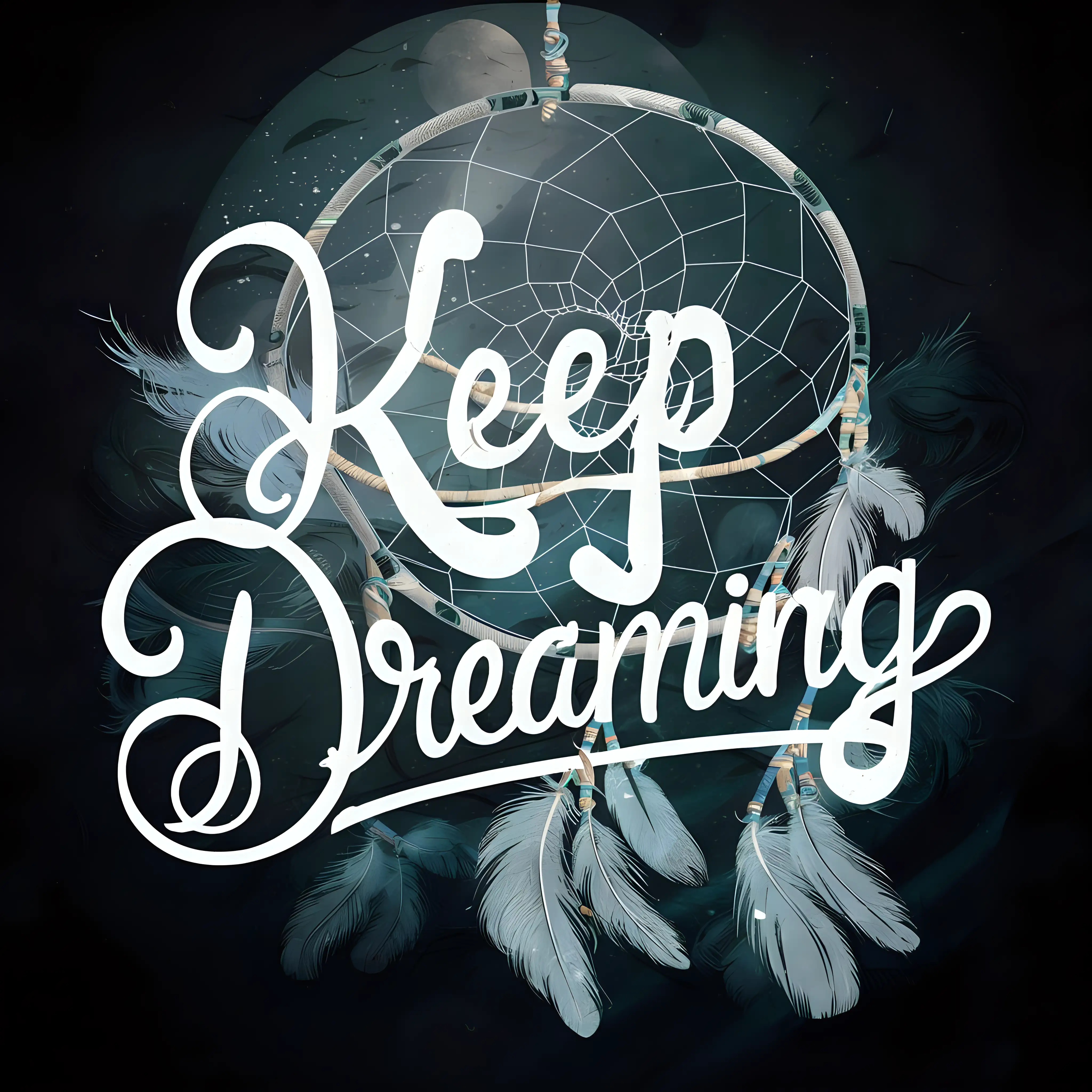 vector art, "Keep Dreaming" typography, Script style font, Dream Catcher, dark background
