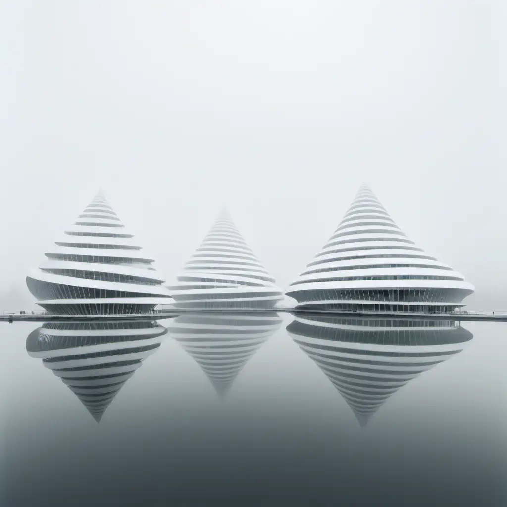 A series of one story overlapping Criss cross white buildings structured with curved cones columns on an island see fog context