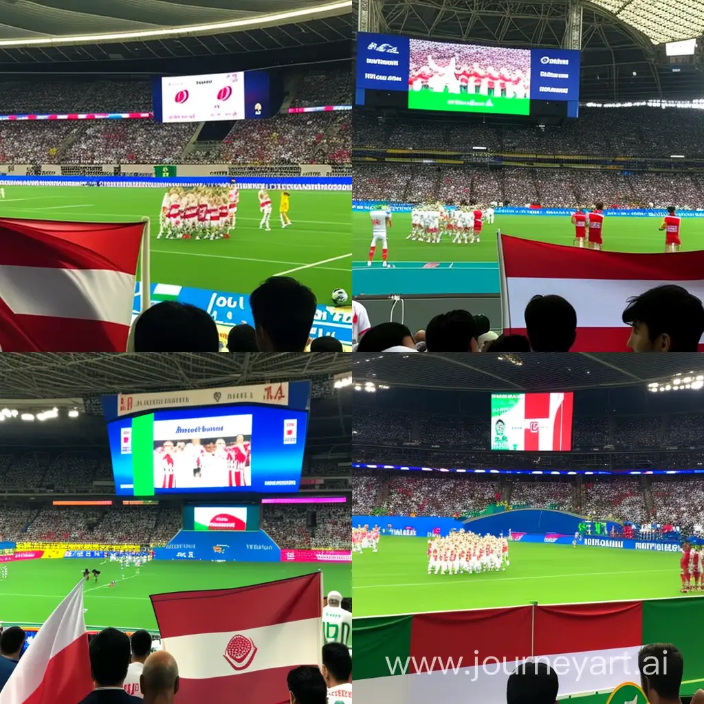 大きなサッカースタジアムの写真。その上の大きな液晶ディスプレイには日本対イランの試合が表示され、イランが２点、日本が１点となっている。観客がイラン国旗を掲げて試合が終了し、イランの選手たちは立っていて、日本は地面に倒れてひざまずいている 