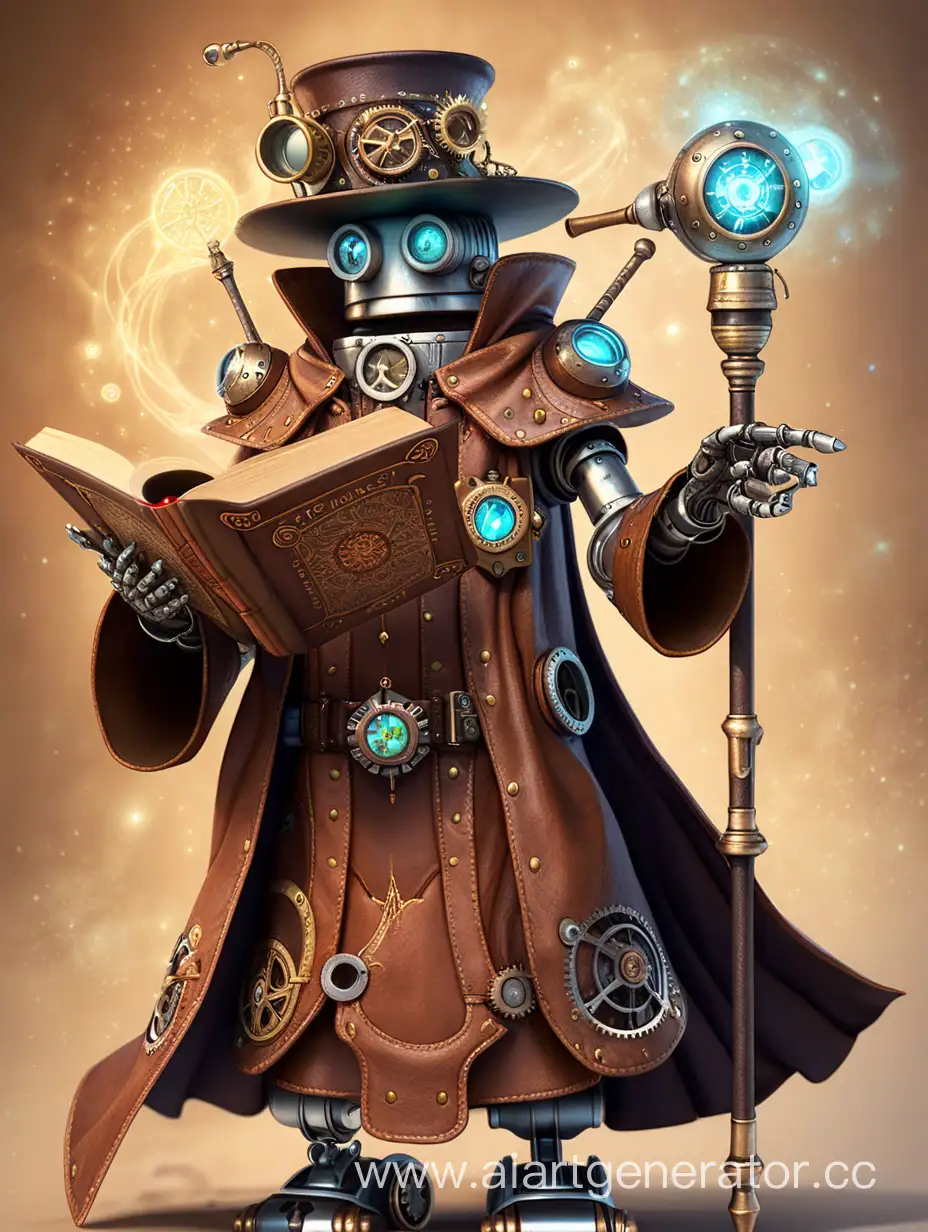 Steampunk-Mage-Robot-with-Staff-and-Book-in-Magical-Cloak