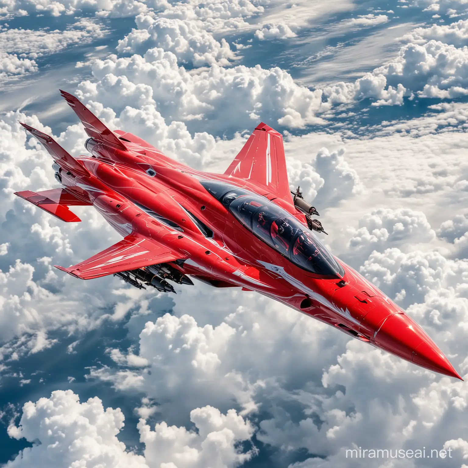 Red Hyper Speed Jet Soaring Through Clouds