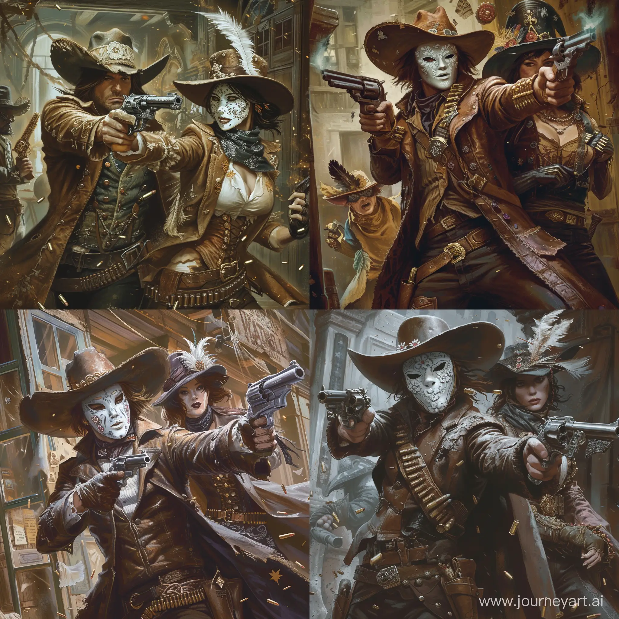 A man rogueish gunslinger with a penchant for mischief and a sharpshooter's precision, Dressed in a leather duster and wide-brimmed hat, wears a beautiful yet white pale mask with flower patterns on it, dual-wielding enchanted pistols with shadowy ammunition, accompanied by a beautiful woman wearing a dark bandana, a fancy hat with a feather on the side, wears a tattered robe and a bandolier of enchanted bullets, storming a fantasy bank, 1970's dark fantasy style, grim dark, gritty, detailed