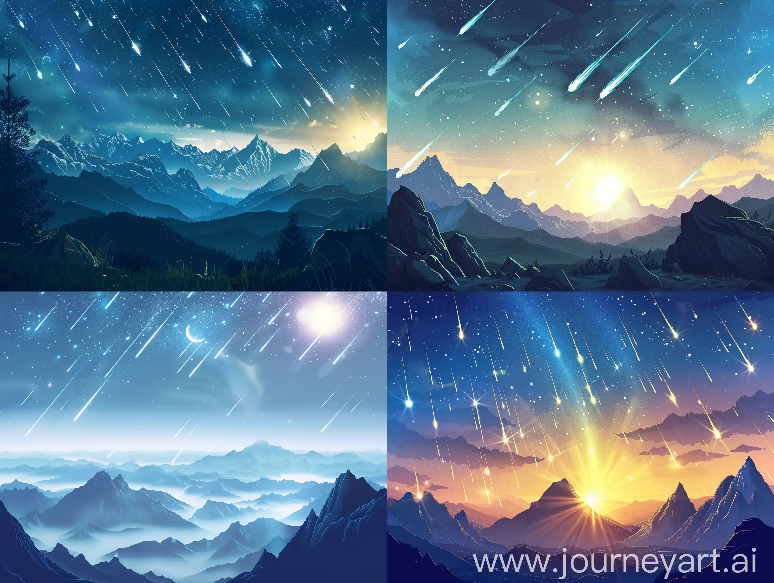 meteor shower landscape with mountains and sunshine daytime