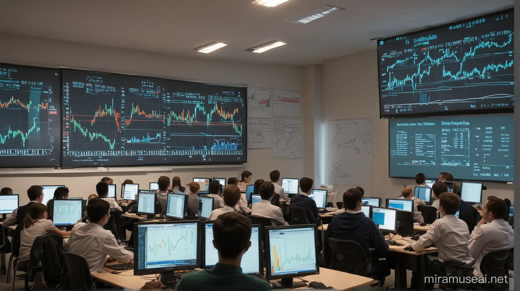 A school room with Computers and a lot of students learning to trade Equities and options. The students are viewing a Projection screen that shows Charts and technical indicators