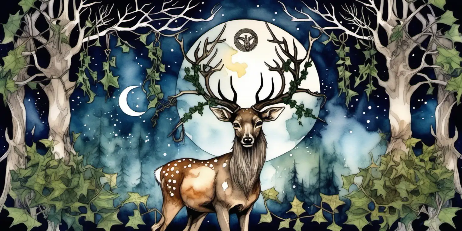 a water colour painting deer head with antlers, ivy vine is hanging off the antlers,  viking symbols are on the forehead of the deer head  .Feathers are hanging in the ancient tree behind  , a night sky with a full moon 
