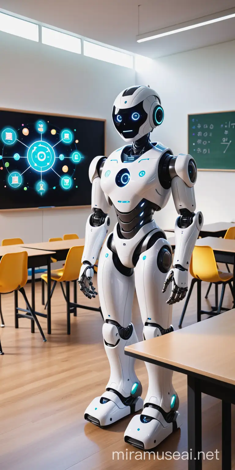 future education space, classroom, digital tools, students, artificial intelligence, teacher, robot
