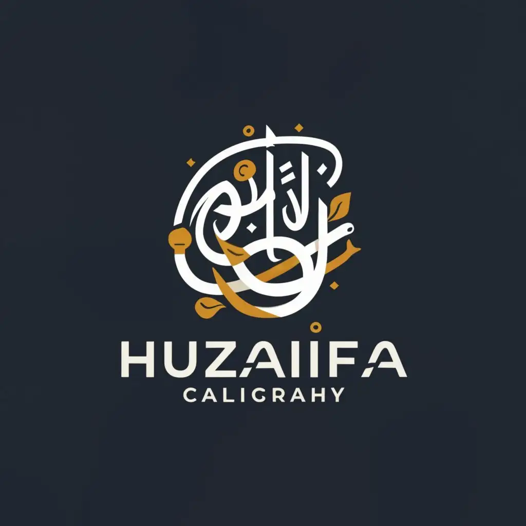 a logo design,with the text "Huzaifa Calligraphy", main symbol:Inkpot,pen, marker,brush ,canvas, acrylics ,complex,be used in Education industry,clear background