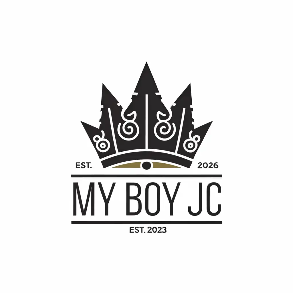 a logo design,with the text 'MY BOY JC', main symbol:crown palisado with 7 spikes, one cross ontop of crown in center,complex,be used in Religious industry,clear background