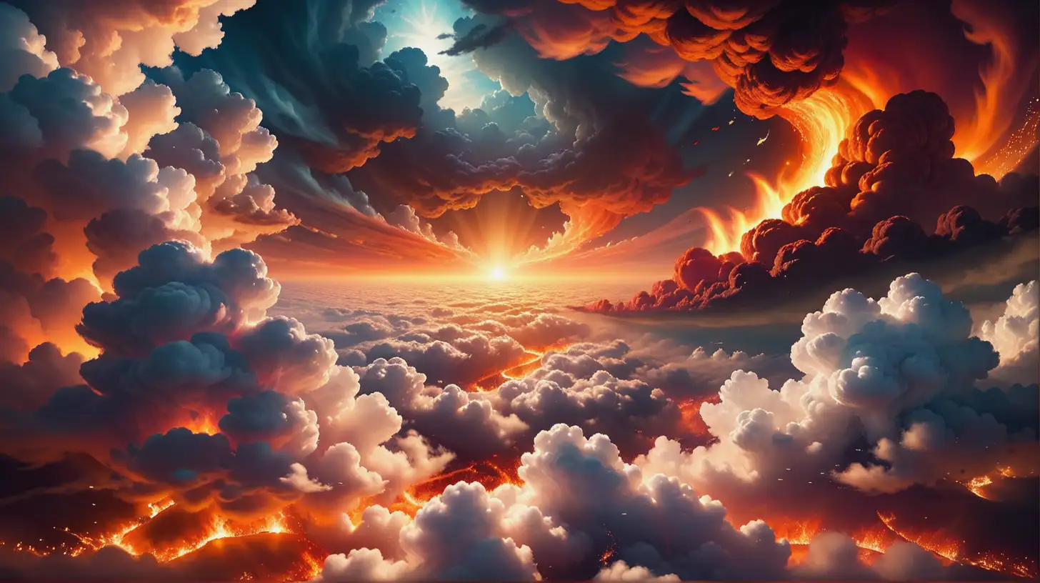  image of clouds and heaven above and hell and flames below