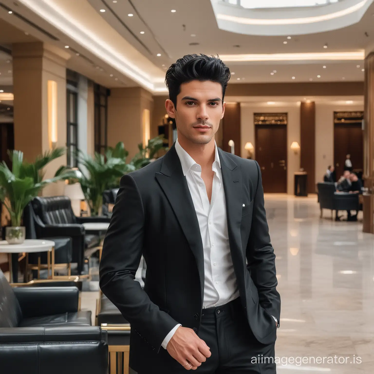 A stylish man with black hair in hotel lobby