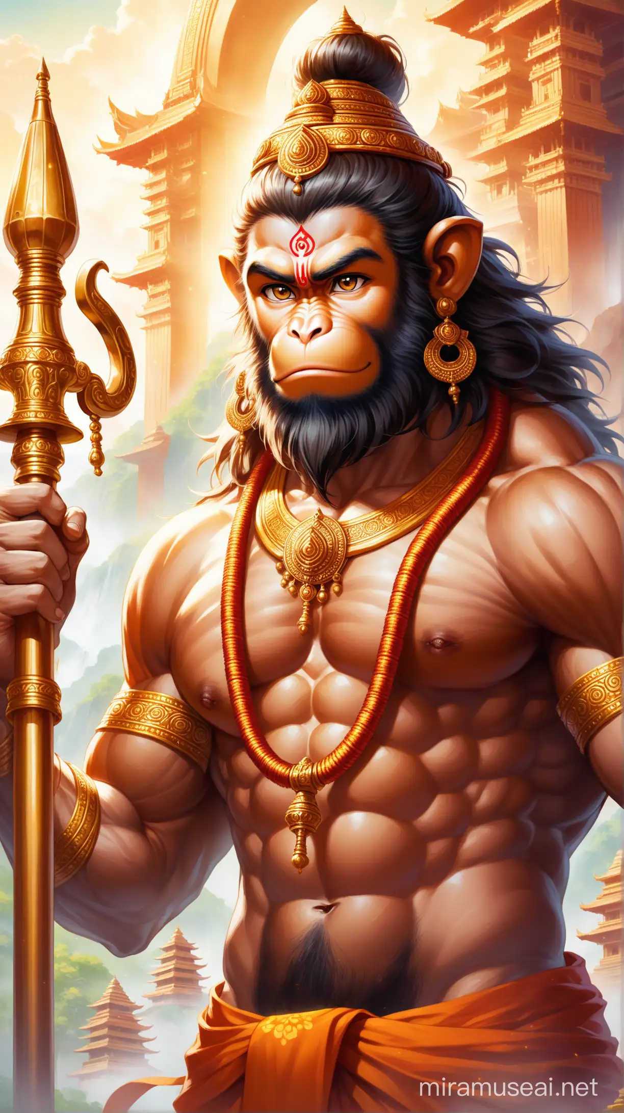 Divine Lord Hanuman Portrait with Mace in Temple Setting