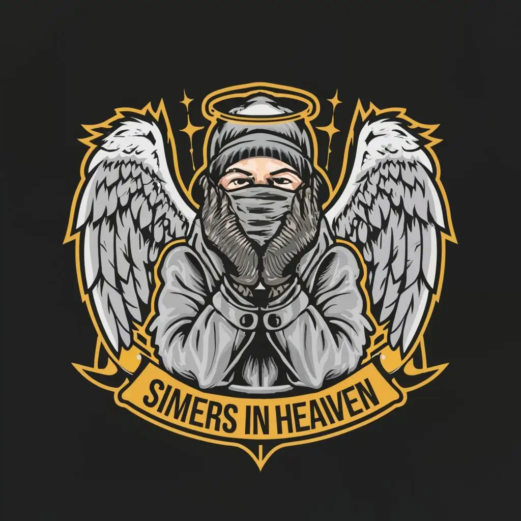logo, a thief in plaid balaclava with angel wings, shy and covers his face fully with his hands, vector graphics, vector graphics, symmetrical, black background, white color only (no other colors), detailed hands, with the text "Sinners in Heaven", typography
